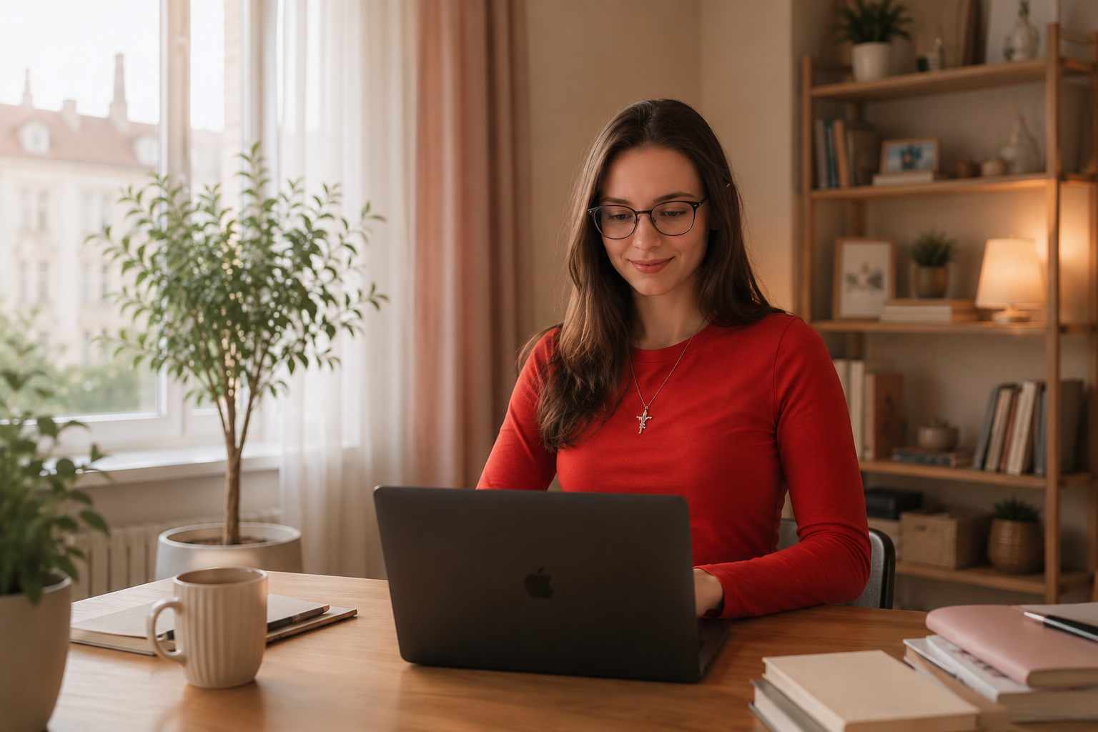 Dömény Viktória social media manager laptop előtt